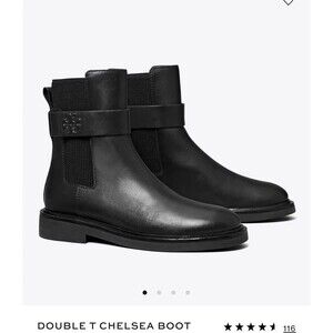 $428 Tory Burch Womens 10 Double T Chelsea Boot Black Ankle Leather Shoes Slip